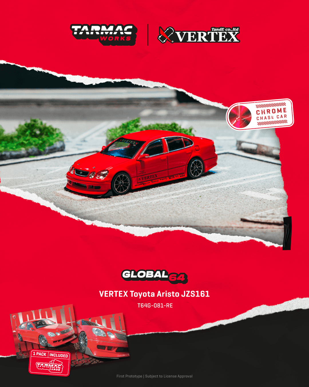 Tarmac Works 1:64 VERTEX Toyota Aristo JZS161 – Red - WITH CARDS
