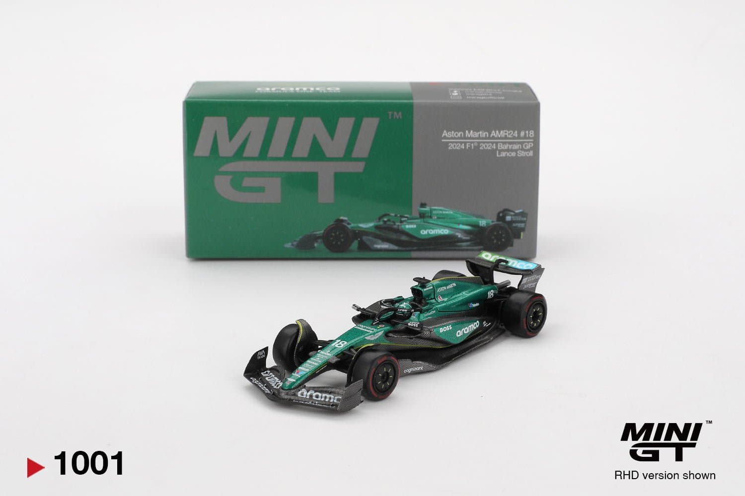 Aston Martin AMR24 #18 Lance Stroll 2024 F1 2024 Bahrain GP – 1:64 Mini GT diecast car