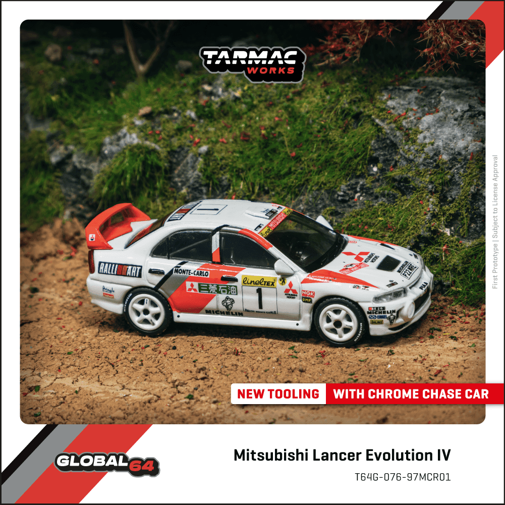 Tarmac Works 1:64 Mitsubishi Lancer Evolution IV Rallye Monte-Carlo 1997 – 1:64 diecast car