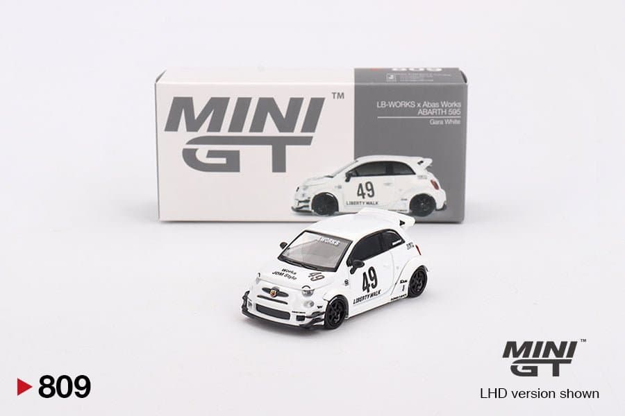 LB-WORKS x Abas Works ABARTH 595 Gara White – 1:64 Mini GT diecast car