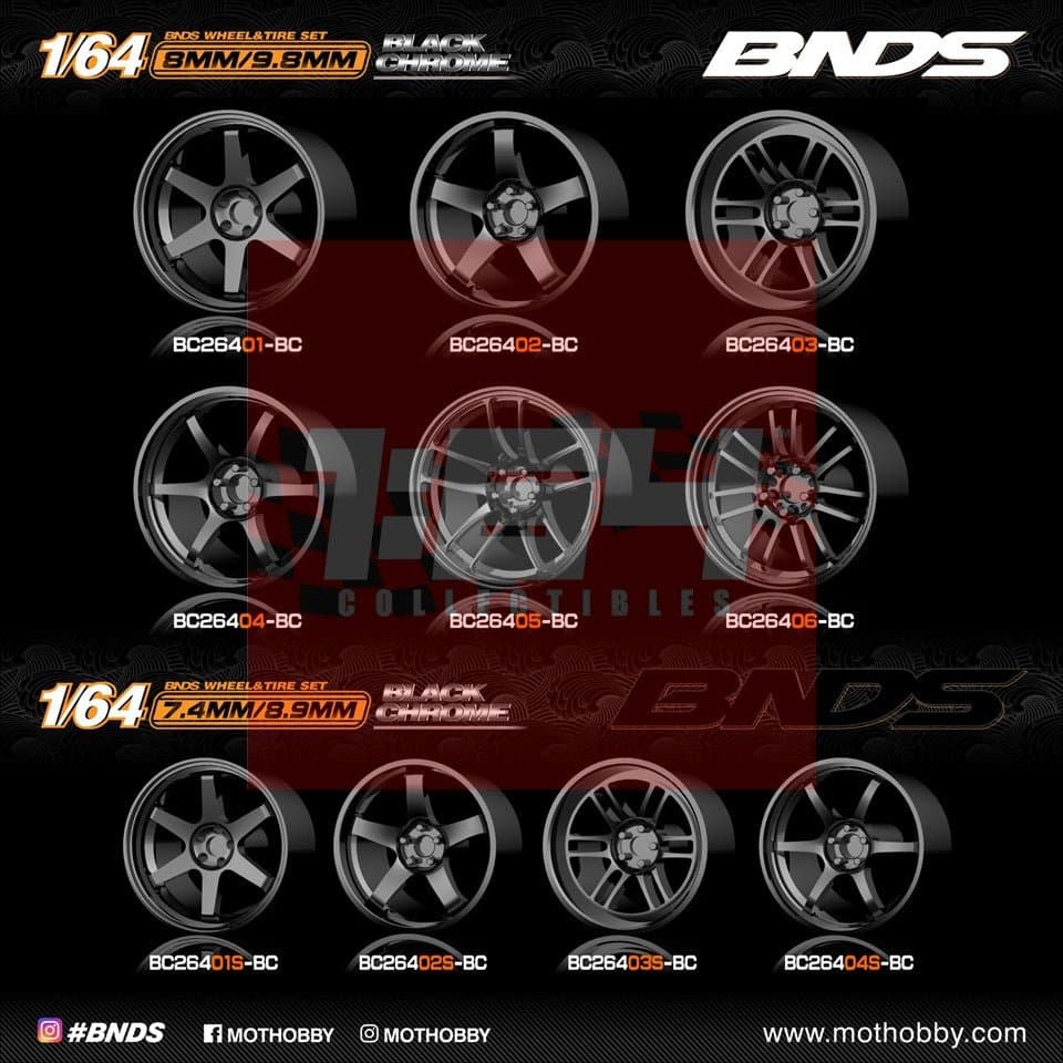 1/64 ABS Plastic Wheel & Tire Set - BNDS | Black Chrome – MotBnds