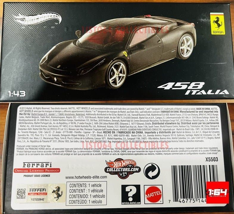 Hot Wheels Elite 1:43 Ferrari 458 Italy Black Matte Interiors Red X5503 – 1:43 HW Elite diecast car