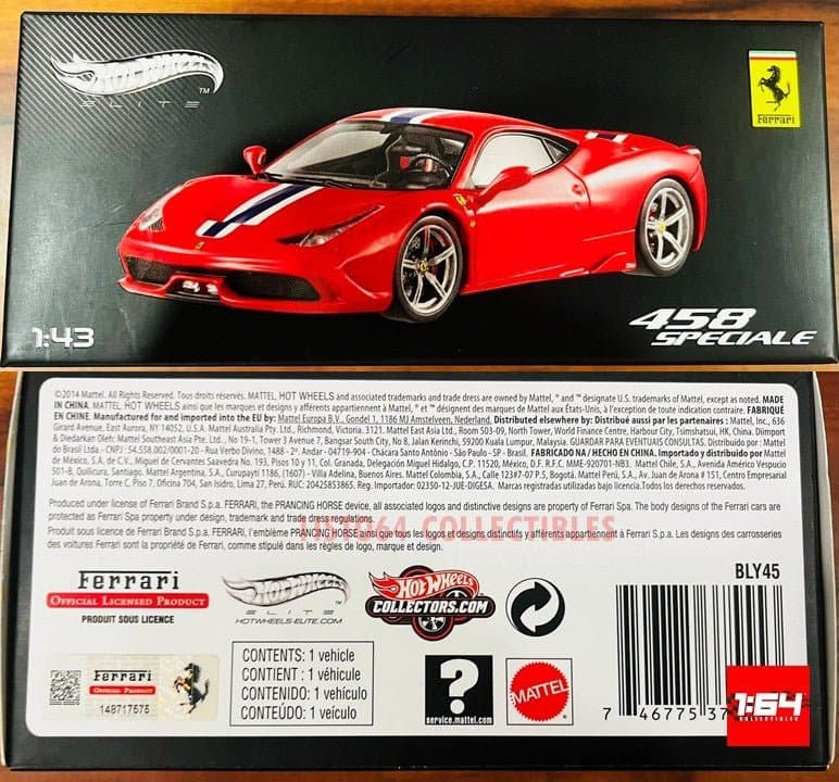 Hot Wheels Elite Bly45 Ferrari 458 Italia Speciale 1/43 Diecast Model Car Red – 1:43 HW Elite diecast car