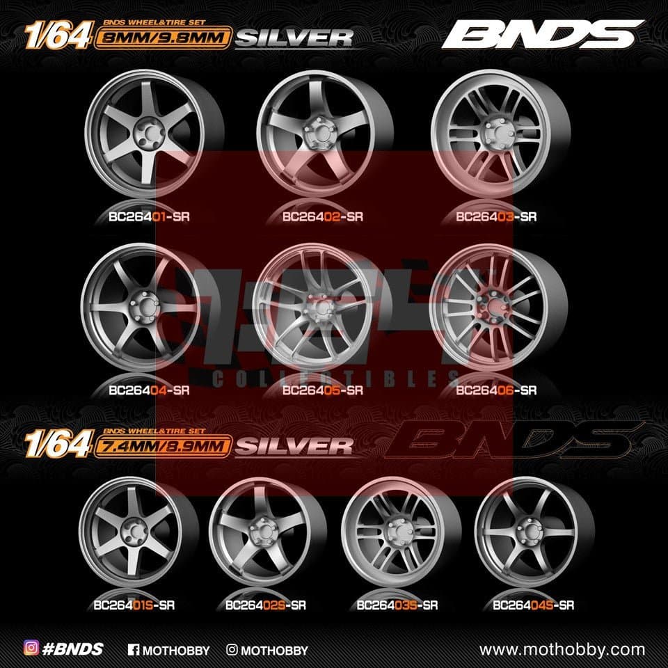 1/64 ABS Plastic Wheel & Tire Set– BNDS | Silver – MotBnds